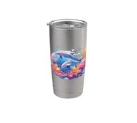 Aquarelle Dauphins Jouant Gobelet isotherme en acier inoxydable double paroi
