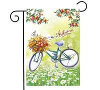 Aquarelle D'Automne, Oiseau, Vélo Avec Panier, Branches D'Arbre Fruitier Rouge Mûr Drapeaux Couleurs Vives Bannière Décoratif Garden Flag Pour Mur Vacances Fête 30X45Cm
