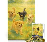 Aquarelle de Quatre Chiots Jouant dans Un Champ Puzzle de 1000 pièces pour Adolescents Exercice Mental, détente et Loisirs Bords Nets Cadeau de Noël (38x52cm)