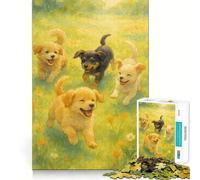 Aquarelle de Quatre Chiots Jouant dans Un Champ Puzzle de 1000 pièces pour Adultes Jeu de logique Découpe de précision Bords Lisses pour Les réunions de Famille (38x26cm)