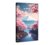 Aquarelle du Japon Mont Fuji Nature Beau Mont Fuji Fleurs de Cerisier Paysage Illustration 3 Toile Poster Décoration Murale Impression Tableau Peintures pour Salon Chambre Décoration Cadre : 40,6 x