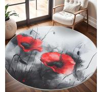 Aquarelle : Fleurs Rouges Tapis Rond 200 cm Intérieur & Extérieur Doux Antidérapant Lavable en Machine, Encre Grise Tapis Décoratif de Style Moderne pour Salon Chambre Salle à Manger