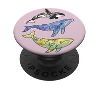 Aquarelle Florale Baleines Orca Bleu Baleine à Bosse PopSockets PopGrip Adhésif