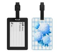 Aquarelle hortensia sur damier bleu blanc étiquette bagage sac de voyage valise bagages étiquettes nom