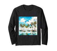 Aquarelle île ensoleillée Arbres tropicaux Palmiers de Plage v4 Manche Longue
