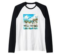 Aquarelle île ensoleillée Arbres tropicaux Palmiers de Plage v4 Manche Raglan