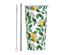 Aquarelle Jaune Citrons Feuilles Vertes Gobelet fin en acier inoxydable Tasse de voyage Tasse à café isolée mince à double paroi de 20 oz avec couvercle anti-éclaboussures, paille et brosse de nettoy