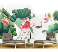 Aquarelle Lotus Feuille De Lotus Poisson Papier Peint 3D Installation Facile Intissé Tapisserie Bureau Salon Canapé Chambre Décoration Murale-150cm×105cm