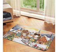 Aquarelle Magic Christmas Village Tapis d'alimentation pour animal domestique 40 x 60 cm Tapis absorbant pour gamelle d'eau et de nourriture en cuir PU imperméable à séchage rapide Sans taches