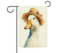 Aquarelle mignonne oie avec un chapeau de paille drapeau de jardin saisonnier vacances toile de jute double face maison cour drapeaux extérieurs 32 x 47 cm