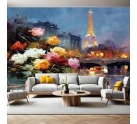 Aquarelle Papier Peint Intissé 200x140 cm Roses et Tour Eiffel Papier Peint Panoramique Mural Affiche Géante Décoration Murale Photo Salon Chambre D'enfant Décor Fond TV