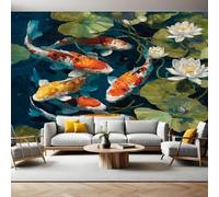 Aquarelle Papier Peint Panoramique 3D Intissé Koi dans l'étang aux lotus Panoramique Peinture Murale pour Salon Chambre à Coucher D'Enfant Maison Personnalisé Décoration Murale 350x256 cm