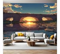 Aquarelle Papier Peint Panoramique 3D Intissé Pont antique au coucher du soleil Panoramique Peinture Murale pour Salon Chambre à Coucher D'Enfant Maison Personnalisé Décoration Murale 350x256 cm