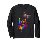 Aquarelle Rainbow Hand Rock Sign Papillon Music Lovers Manche Longue
