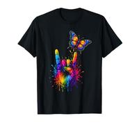 Aquarelle Rainbow Hand Rock Sign Papillon Music Lovers T-Shirt