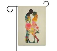 Aquarelle Silhouette florale d'un couple Drapeau de jardin saisonnier Vacances en toile de jute double face Maison Cour Drapeaux extérieurs 32 x 47 cm