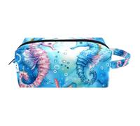 Aquarelle Splash Cute Seahorse Sea Shells Women Cosmetic Bag Beauty Bag Portable Hanging Travel Toiletry Bag Leather Make Up Pouch Kids Pencil Case, Multicolore 01., 8.2x3.1x3.5 in/21x8x9 cm