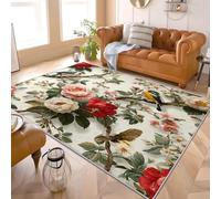 Aquarelle Vintage Motifs Floraux Et D'OiseauxTapis de Salon et Chambre 80x150cm Facile d’Entretien, Dos Antidérapant TPR Beige Tapis Moderne à Poils Courts, Adapté pour Bureau, Enfants et Animaux