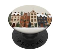 Aquarelle Winter Village Street with Festive Homes PopSockets PopGrip Adhésif