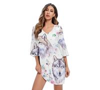 Aquarelle Wolf Floral Robe d'été manches 3/4 Robes d'été S-XXL, Aquarelle Loup Floral, XX-Large
