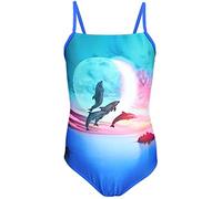 Aquarti Maillot de Bain Fille - Maillot de Bain Une Pièce pour Fille à Bretelles Fines, Dauphins Lune Rose/Bleu, 140