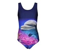 Aquarti Maillot de Bain Une Pièce Fille avec Dos Nageur et Imprimé Tendance, Dauphin/Bleu Foncé/Rose, 158