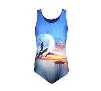 Aquarti Maillot de Bain Une Pièce Fille avec Dos Nageur et Imprimé Tendance, Dauphins Lune Orange/Bleu foncé, 128