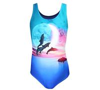 Aquarti Maillot de Bain Une Pièce Fille avec Dos Nageur et Imprimé Tendance, Dauphins Lune Rose/Bleu, 134