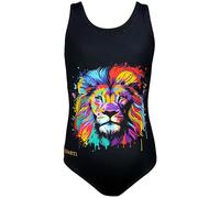 Aquarti Maillot de Bain Une Pièce Fille avec Dos Nageur et Imprimé Tendance, Lion coloré/Noir, 164