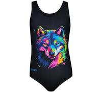 Aquarti Maillot de Bain Une Pièce Fille avec Dos Nageur et Imprimé Tendance, Loup/Noir, 134