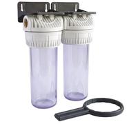 AQUAWATER - Station Double Filtre 107223 - Dimension Standard 9''3/4 - Pour Traitement d'Eau - Équerre de Fixation et Clé de Desserrage Incluses - Blanc - Ø9.75 x 25 cm - Débit Max 1.5 m3/h