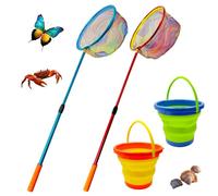 Aqwxc Lot de 2 filets de pêche rétractables légers avec poignée en aluminium pour enfants pour attraper et libérer les filets papillon et deux petits seaux