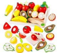 AQXONG 14 Pcs Jouets de Cuisine en Bois pour Enfants, Ensemble de Fruits en Bois pour Enfants, Kit de Jeu de Jouets Éducatifs en Bois, Cadeaux Jouets Fruits pour Garçons et Filles de Plus de 3 Ans