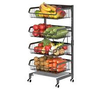 aqxreight Chariot de Cuisine à 4 Niveaux sur roulettes, Chariot de Rangement Réglable en Métal Robuste avec Paniers à Coussins en PP et Plateau en Bois, pour Cuisine, (4 paniers)