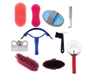 aqxreight Kit de Toilettage à Cheval de 10 Pièces avec Gratte-ciel de Sueur, Pinceaux et Choix de Sabot pour un Soin Complet