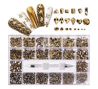 Aqxyedc 1 boîte de 2800 luxueux nail art kit de décoration en ramines 3d ongles alliés glamour diamant accessoire de clous à cristal mélangé avec 1 stylo wanglan(Color:Mine gold)