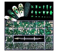Aqxyedc 1 boîte de 2800 luxueux nail art kit de décoration en ramines 3d ongles alliés glamour diamant accessoire de clous à cristal mélangé avec 1 stylo wanglan(Color:Green)