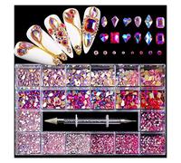 Aqxyedc Mixte UN B Verre Crystal Diamond Flat Rigiane Nail Art Decoration 21 Boîte de grille Accessoires Nails Ensemble avec 1 stylo à ramasser wanglan(Color:10)