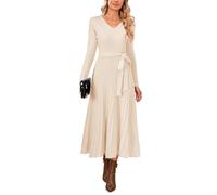 Arach&Cloz Robes Femme Longues Automne Tricotée Robe à Manches Longue Elégante Plissée Col V Jupe Midi Souple Hiver