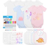 Aragallant 12 Pièces Bavoirs Bebe Body en Coton, Blanc à Peindre Bavoir pour Bébé de Peinture avec 12 Stylos Textiles de Couleur et 14 Pochoirs Peinture, Cadeau pour Garçons Filles Babyshower Fête Pré