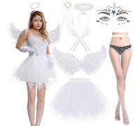 Aragallant 7 Pièces Ange Costume Femme, Ailes d'ange Blanche, Ange Deguisement Adulte avec Tutu Blanche Baguette Magique Halo d'ange Bas Résille Gants, Costume pour Carnaval Halloween Cosplay (White)