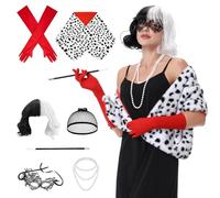 Aragallant Cruella Costume, Perruque Courte Noire et Blanche, 70s Accessoires Cosplay, Halloween Femme Costume Set avec Gants Rouges, Châle, Dentelle Masque, Collier de Perles et Bonnet de Perruque