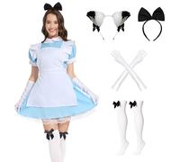 Aragallant Deguisement Alice Au Pays Des Merveilles, Robe Bleu Femme Alice, Costume Alice Adulte avec Tablier Blanc Bandeau Mitaine et Chaussettes Montantes, Deguisement pour Carnaval Cosplay (XL)