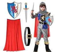 Aragallant Deguisement Chevalier Enfant, Costume de Chevalier Médiéval Enfant Noble, Knight Costume avec Casque Épée Bouclier Cape, Cadeaux pour Garçons Carneval Cosplay Fête Roleplay (L)