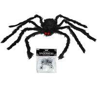Araignée Géante Halloween 150 cm, Araignée Poilue Noire Réaliste + Toile d¿Araignée 60 g et 4 Petites Araignées, Décoration Effrayante pour Maison Hantée, Jardin, Cour, Intérieur et Extérieur