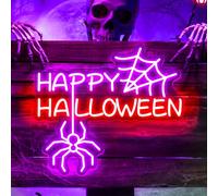 Araignée Halloween néon sign Halloween Happy LED néon avec décor en toile d'araignée d'horreur rouge/violet pour Party Home Window Bar (USB alimenté, 12.6x11 pouces)