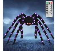 Araignée lumineuse géante pour Halloween de 2 m - 50 DEL - Décoration d'Halloween géante avec télécommande - Yeux lumineux rouges pour cour, fête, maison, extérieur et intérieur (violet, 2 m)