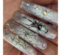 Araignées Web Spirit Presse sur les ongles Argent Brillant ABS Mat Conseils pour Halloween Cosplay Parties Faux Diamants Araignées Faux Ongles
