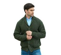 Aran Crafts Cardigan châle irlandais en tricot torsadé côtelé pour homme (100 % laine mérinos), Army Green, S