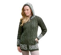 Aran Crafts Manteau à capuche irlandais pour femme en jacquard (100 % laine mérinos), vert militaire, XS